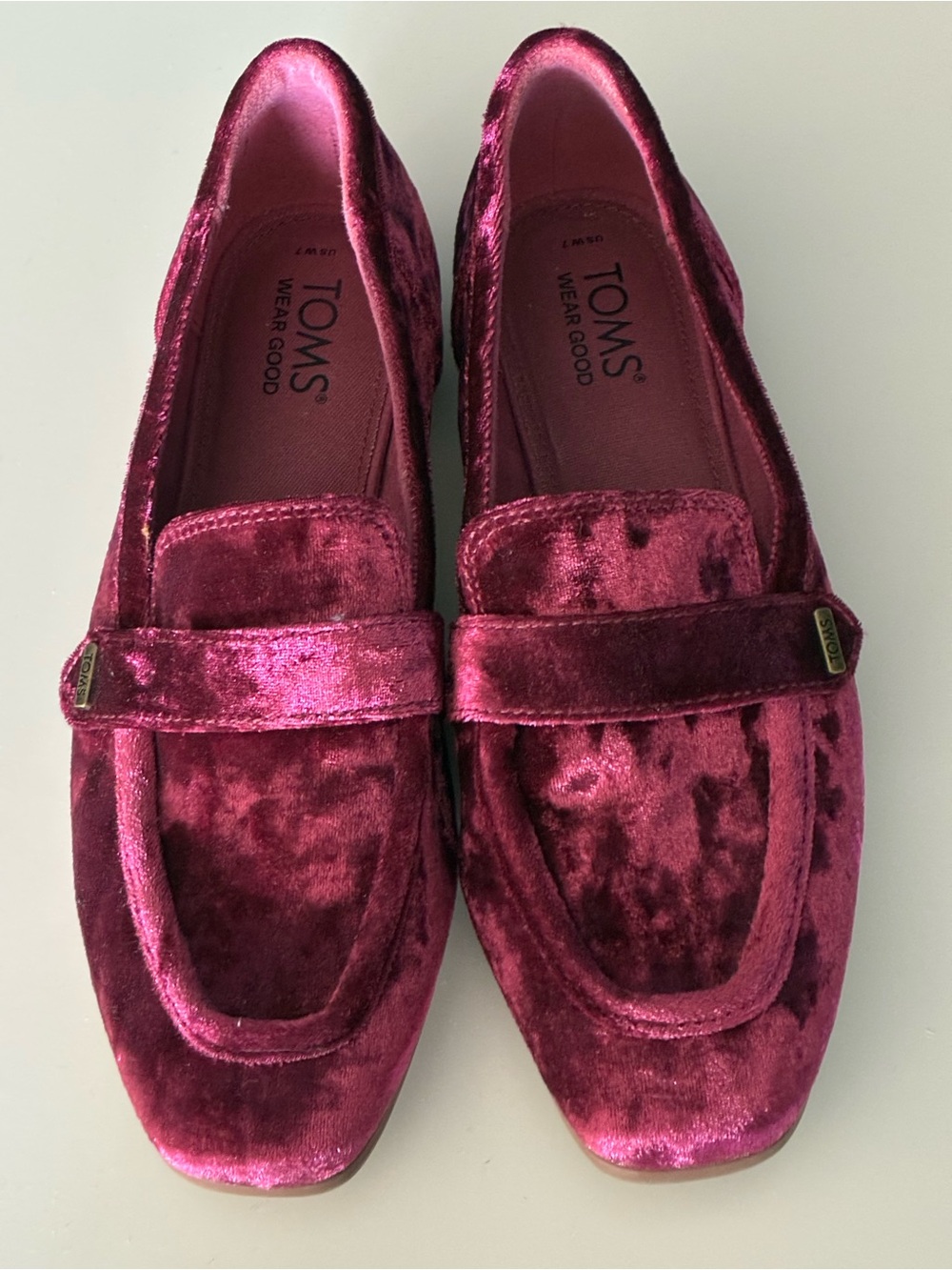 TOMS Velvet Loafers in Berry Pink.
